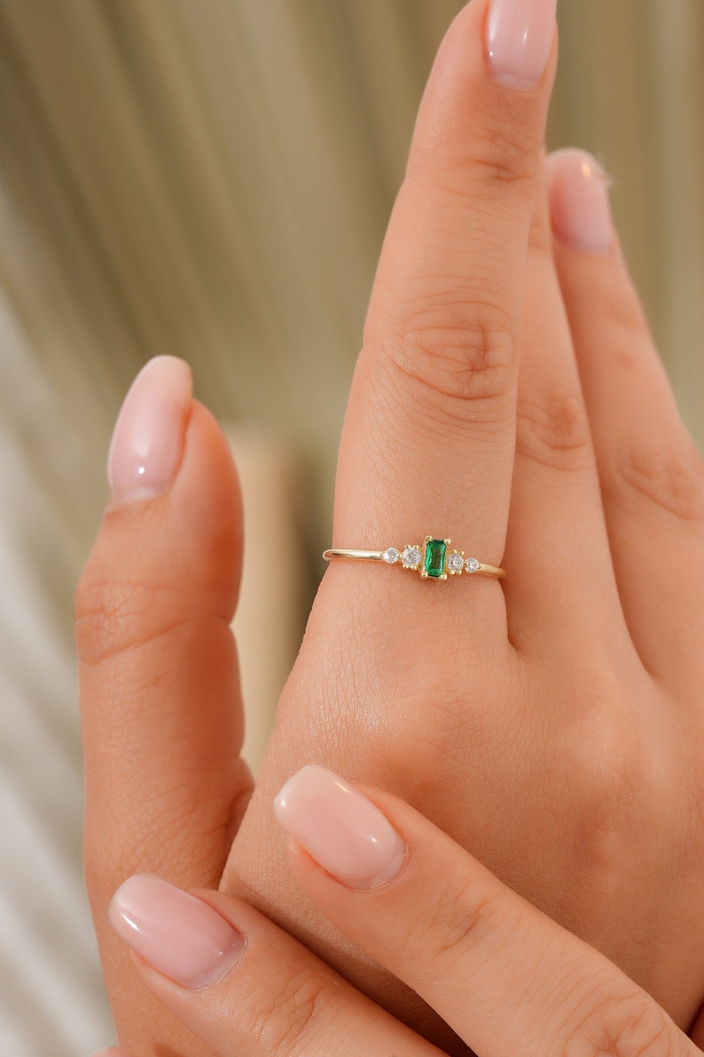Baguette Natural Emerald Engagement Ring, Green Emerald Gemstone Wedding Ring, Mothers Day Gift for Mom, Emerald May Birthstone Jewelry image 2