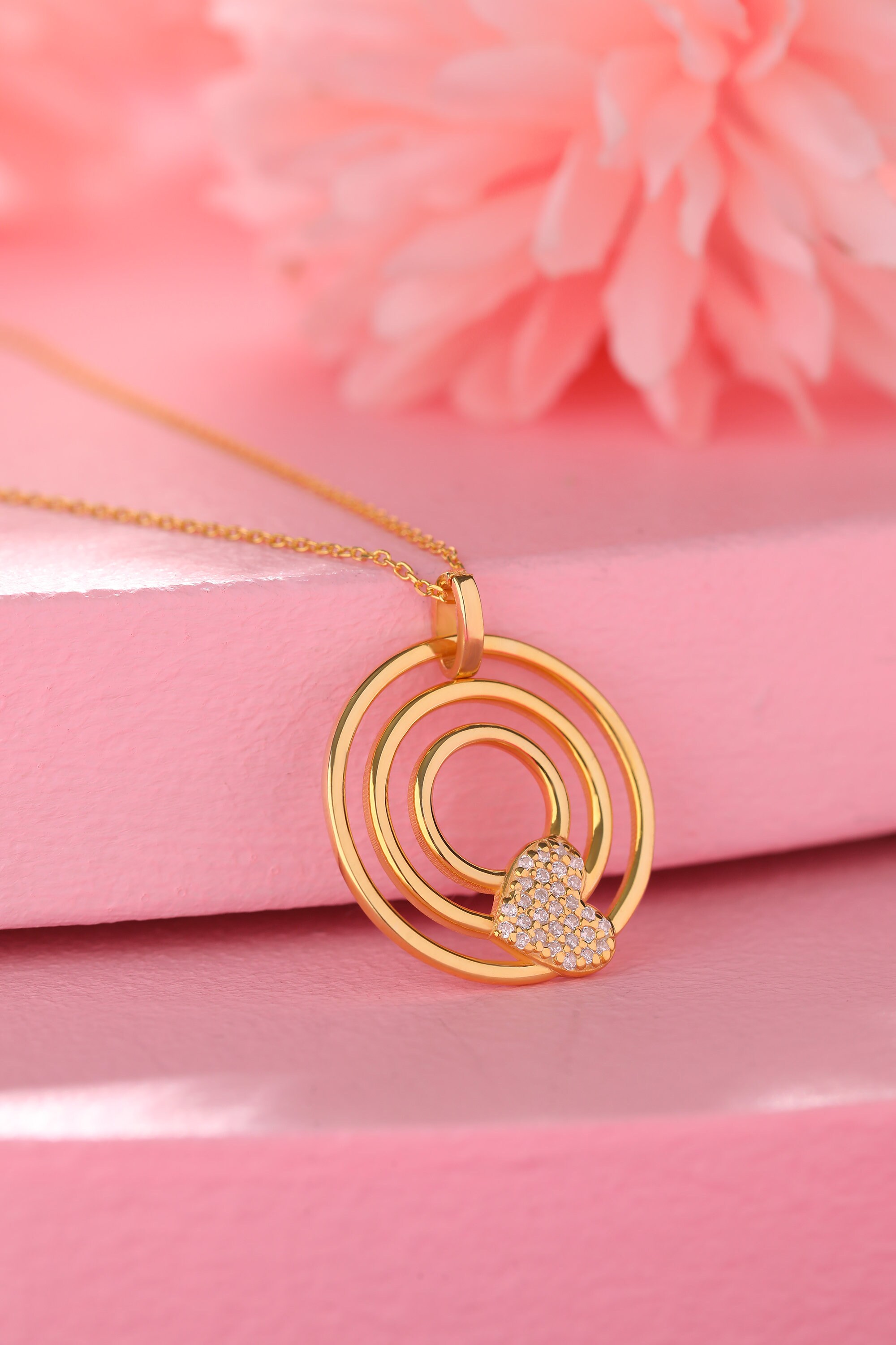 Fashion Multi Circle Gold CZ Heart Necklace, Dainty Everyday Gold Necklace for Women, Romantic Anniversary Gift for Wife, Heart Jewelry