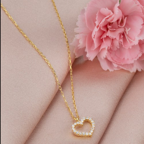 14K Solid Gold Diamond Heart Necklace Genuine Natural Diamond Etsy