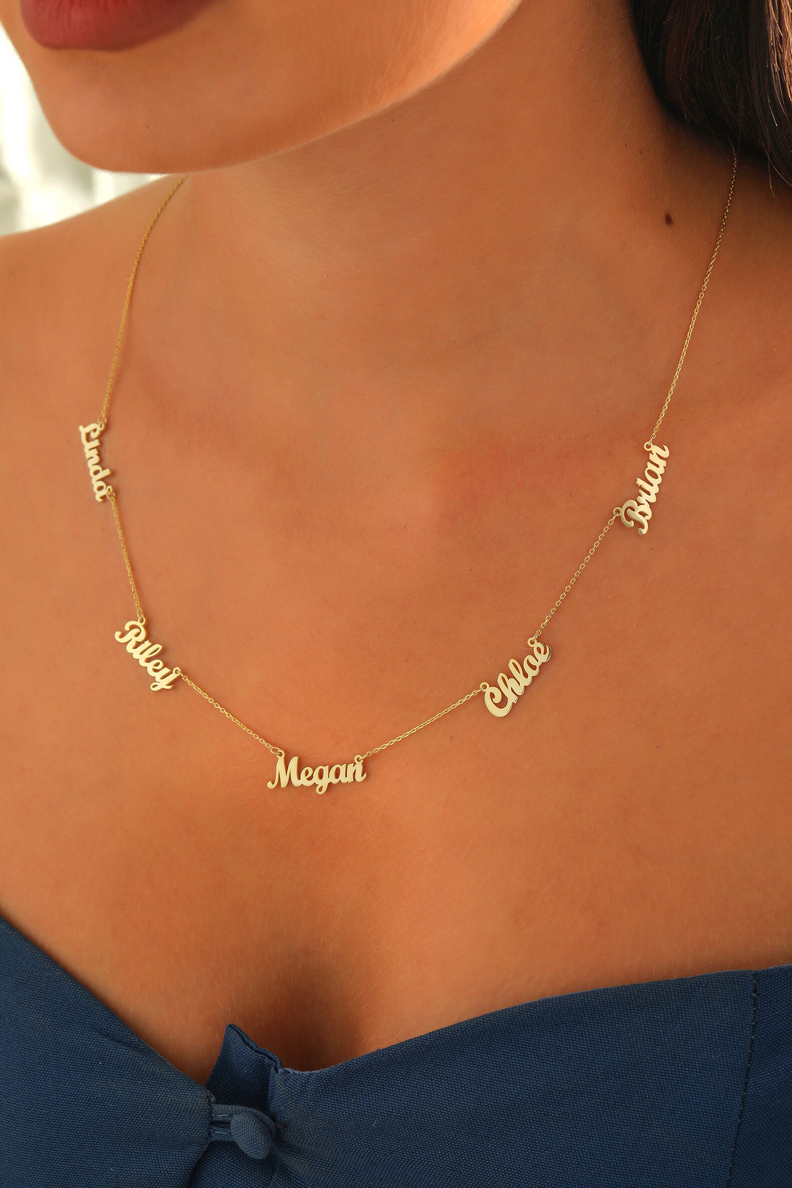 14k 18k Gold Multi Five Name Necklace Personalized Family Etsy