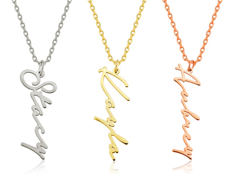 Vertical Name Necklace Cursive Name Necklace Gold 14k Gold Etsy