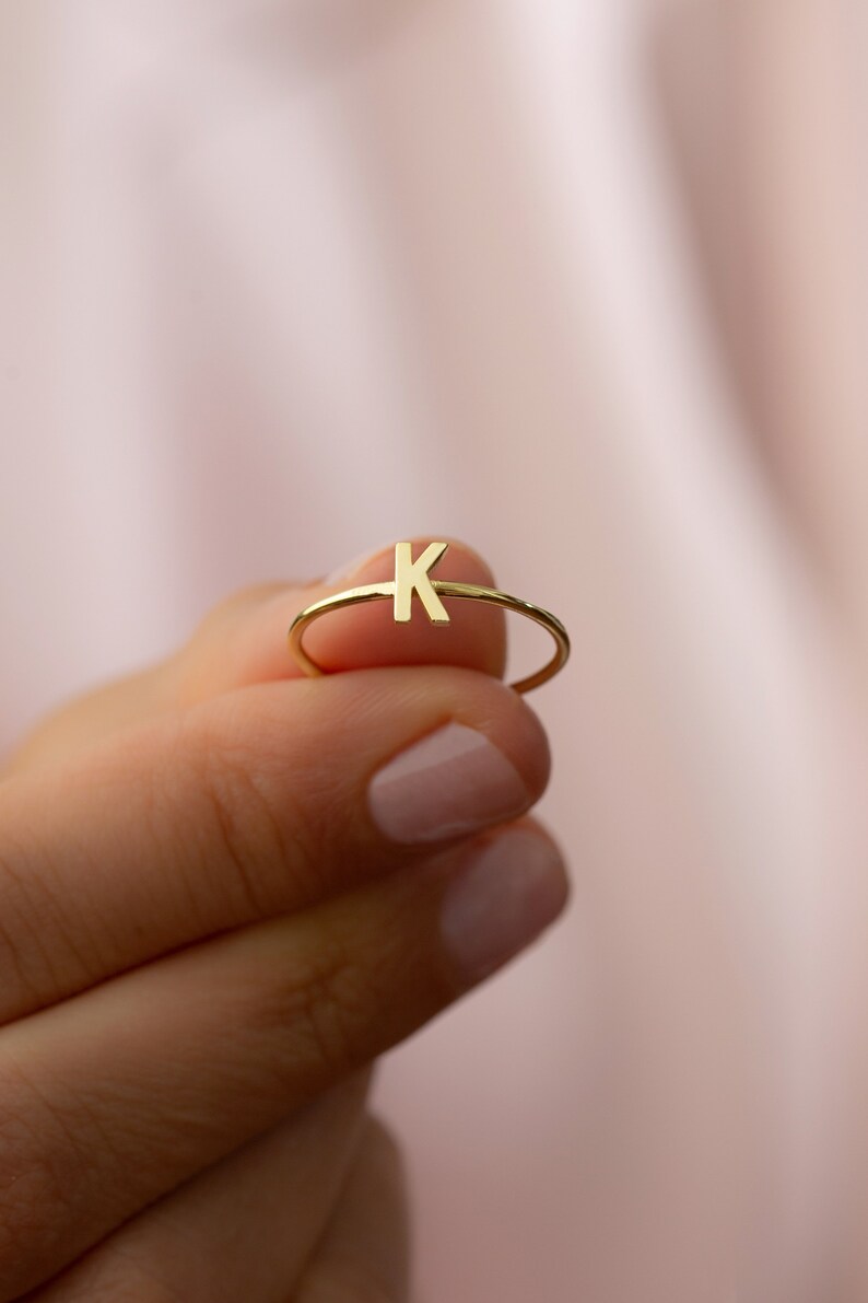 10k 14k 18k Gold Initial Letter Ring Dainty Gold Stackable | Etsy