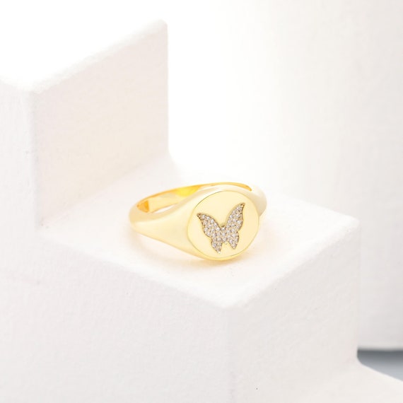 14k Diamond Butterfly Pinky Signet Ring Solid Yellow White - Etsy