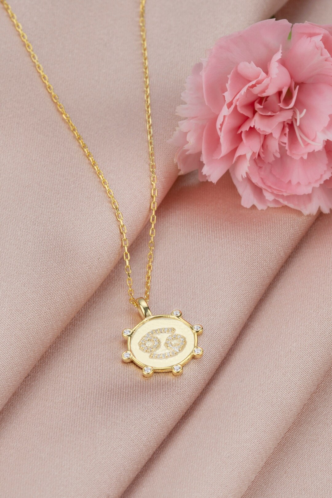 Cancer Zodiac Gold CZ Pendant Necklace, 10k 14k 18k Solid Cancer Zodiac Gold CZ Pendant Necklace, 10k 14k 18k Solid