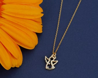 10k 14k 18k Gold CZ Angel Necklace, Dainty Gold Angel Wings