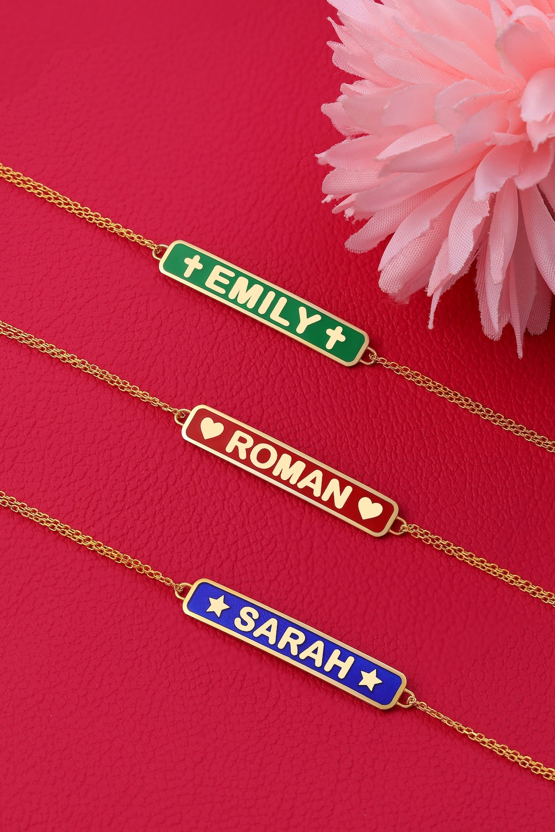 14k Gold Custom Name Bar Bracelet, Family Best Friend Name Enamel Bracelet, Dainty Personalized
