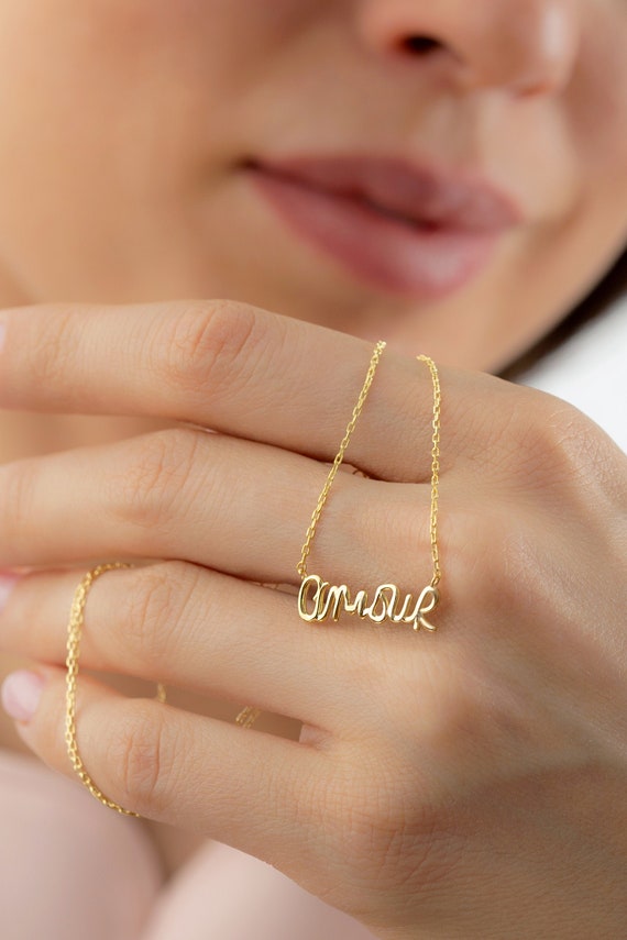 10k 14k 18k Solid Gold Amour French Word Necklace Love Etsy