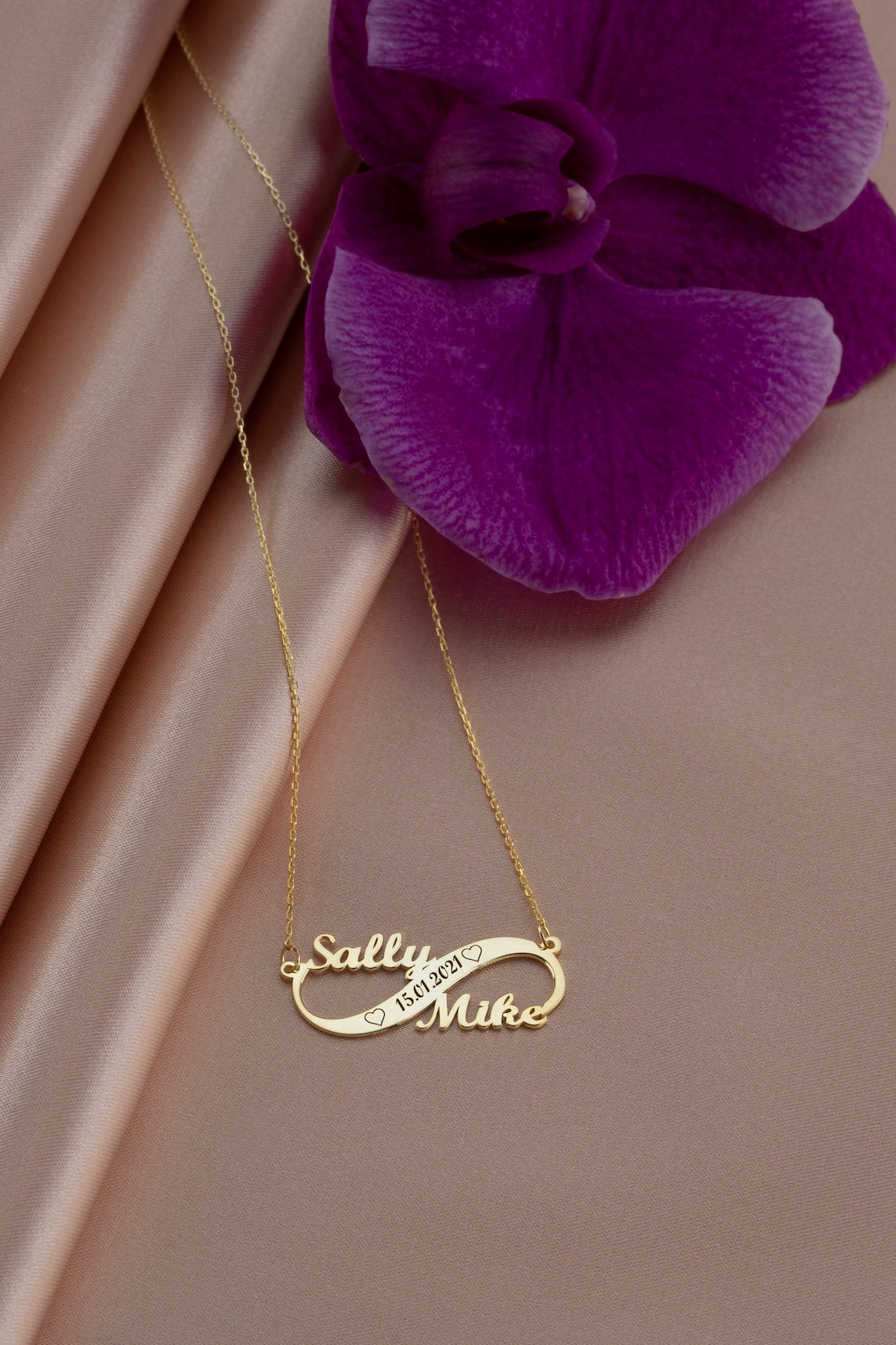 14k 18k Solid Gold Infinity Name Necklace, Couple Name Date