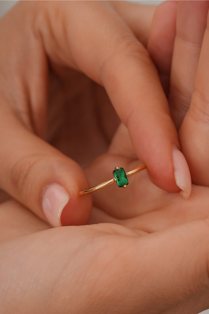 Natural Green Emerald Baguette Solitaire Ring, May Birthstone Ring, Emerald Gemstone Jewelry, 14k 18k 10k Gold Ring image 2