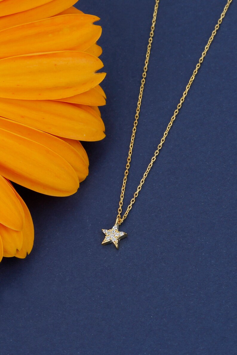 14k Solid Gold Diamond Star Necklace Real Gold Star Necklace Etsy