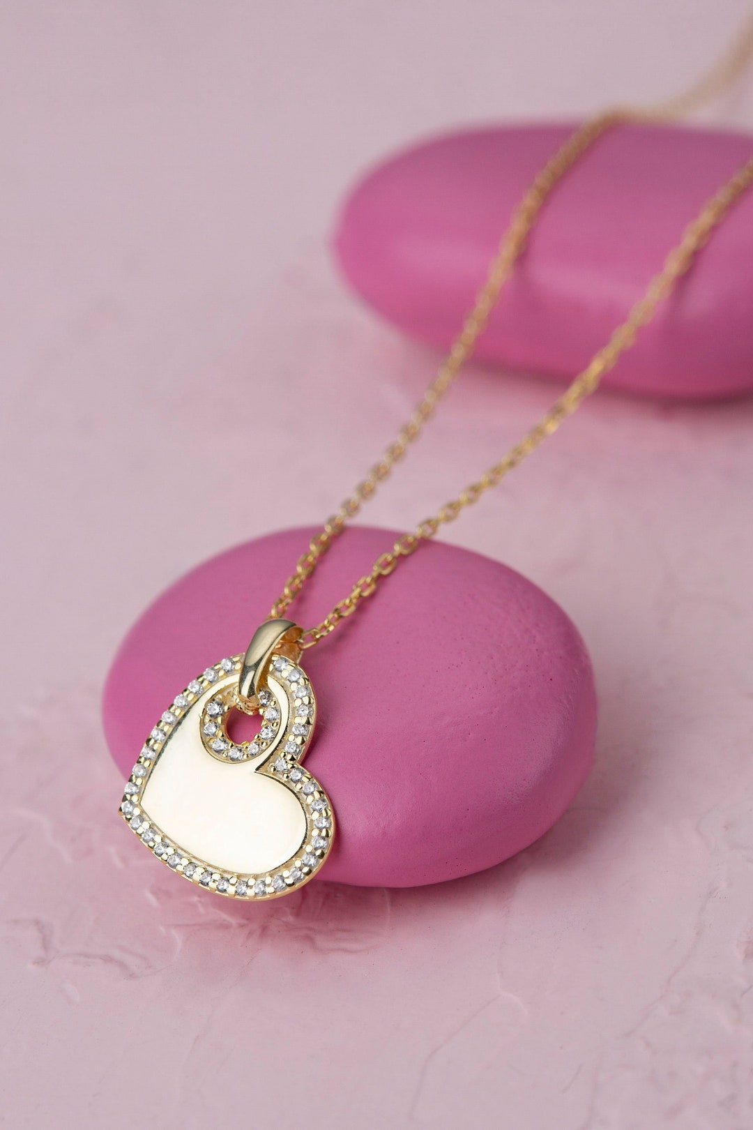 Dainty Gold Diamond Heart Necklace, 10k 14k 18k Gold Heart Charm