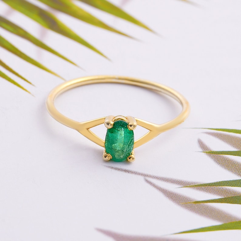 Oval Cut 6x4mm Genuine Emerald May Birthstone Ring, Prong Setting Solitaire Bridesmaid Proposal Ring, 10k 14k 18k Gold Ring, Emerald Jewelry image 1
