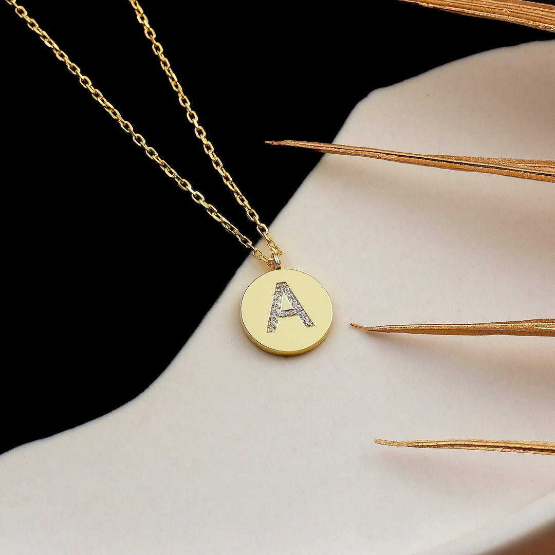 Minimalist Diamond Initial Letter Disc Necklace, Custom Letter Necklace ...