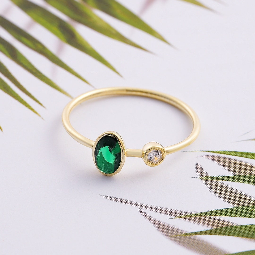 14k 18k Gold Oval Shape Bezel Setting Emerald Gemstone Ring, Natural ...