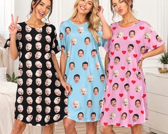 Custom Face Pajama Dress, Personalized Photo Sleepshirt, Birthday Gift,Valentine's Day Gifts