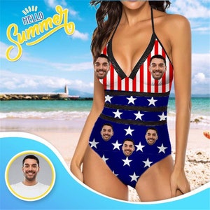 Custom Face Swimsuit for Girlfriend Wife, Personalized Photo Flag One-Piece Bathing Swimwear, Anniversary/Independence Day Gift