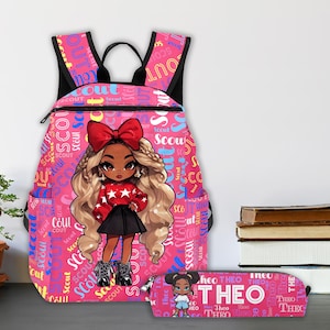 Personalized Black Girl Backpack for Girls,Customize Bookbag with Name,Customize Pencil Pouch,Birthday Gifts for Kids,Back to School Gift