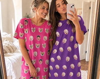 Custom Face Pajama Dress, Personalized Photo Sleepwear, Birthday Gift,Gift fro MOM/BF/GF