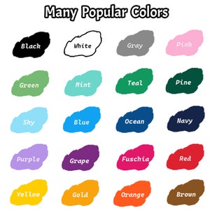 Op de afbeelding: Een grafiek met 16 populaire kleuren met hun namen in witte tekst. De kleuren zijn zwart, wit, grijs, roze, groen, mint, teal, pine, lichtblauw, blauw, oceaanblauw, donkerblauw, paars, druif, fuchsia, rood, geel, goud, oranje en bruin.