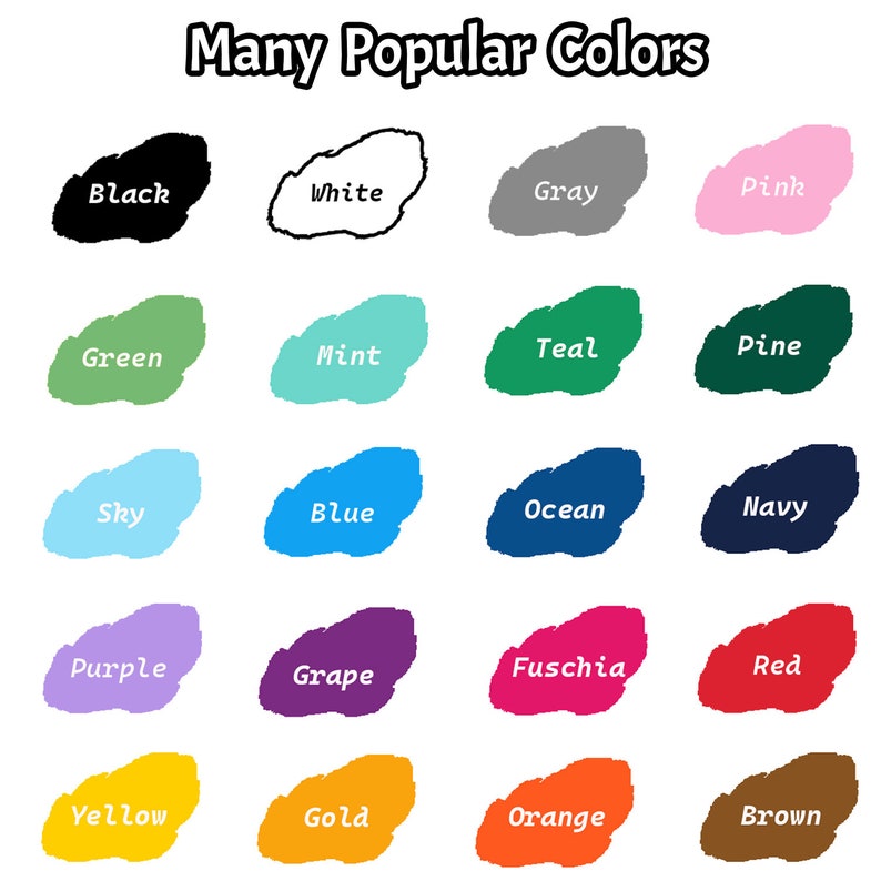 Op de afbeelding: Een grafiek met 16 populaire kleuren met hun namen in witte tekst. De kleuren zijn zwart, wit, grijs, roze, groen, mint, teal, pine, lichtblauw, blauw, oceaanblauw, donkerblauw, paars, druif, fuchsia, rood, geel, goud, oranje en bruin.