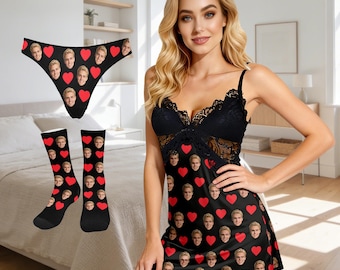 Custom Face Lace Pajama Dress,Personalized Photo Nightgown,Bridesmaid Cami Dress, Valentine's Gift