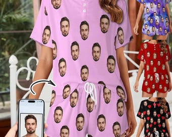 Benutzerdefinierte Gesichts Pyjama Set, personalisierte Damen Nachtwäsche, Geschenke zum Valentinstag