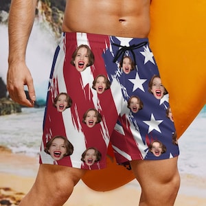 Personalized Flag Swim Shorts with Face, Custom Picture Men Swimsuit, Photo Swim Trunk, US Flag Swimwear, Custom Face Swimwear for Her/Him