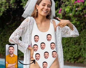 Custom Bride Swimsuit with Face, Personalized Photo on Brides Swimwear, Bachelorette Party Swimsuits,Birthday/Anniversary/Bachelorette Gifts