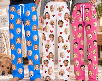 Custom Photo Pajama Pants, Personalized Face Loungewear, Couples Gift (100% Polyester)