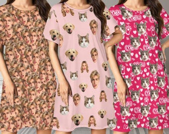 Custom Face Pajama Dress, Personalized Photo Sleep Shirt, Photo Sleepwear