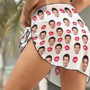 Custom Beach Sarong Wrap with face, Personalzied Lips Women&#39;s Sarong Wrap with Photo, Customize Bikini Swimwear Cover up