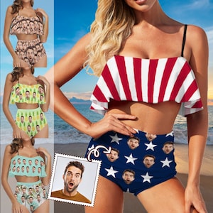 Kundenspezifischer Badeanzug, personalisierte US-Flaggen-Bikini mit Foto für den Unabhängigkeitstag, Gesichtsbadebekleidung, Bild am Badeanzug für die Junggesellinnenparty