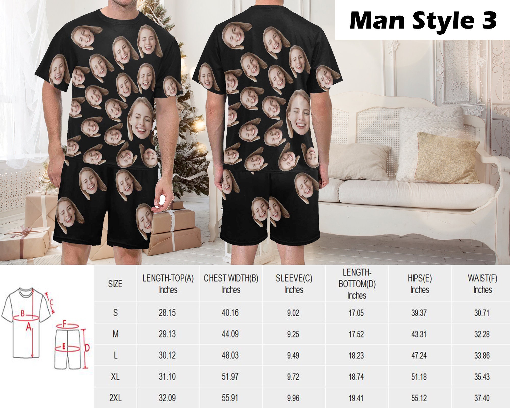 Pyjama Personnalisable Avec Photo - Jusqu'à 3 Visages, Coton Doux, Cadeau Original Pour Noël, Anniversaire, Couple