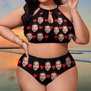 Custom Plus Size Bikini Swimsuit with Picture, Personalized Women Swimwear with Photo, Customize Bathing Suits with Pictures, Face Swimsuit