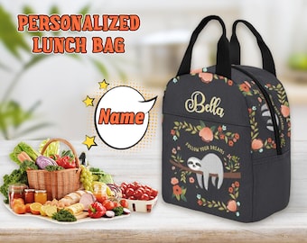 Custom Name Lunch Bags for Kids or Adults, Personalized Sloth Lunch Bag with Pockets, Back to School Insulated Box Gift for Children