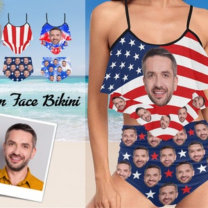Personalisierter Bikini mit US-Flagge und Foto, Gesichtsbadebekleidung, Bilddruck-Badeanzug für Junggesellinnenabschied/Urlaub/Reise