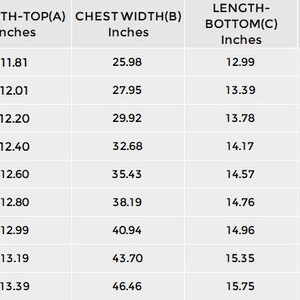 K&ouml;nnte beinhalten: Gr&ouml;&szlig;entabelle f&uuml;r ein Bikini-Oberteil und -Unterteil. Die Tabelle zeigt die Ma&szlig;e in Zoll f&uuml;r die L&auml;nge des Oberteils, die Brustweite, die L&auml;nge des Unterteils, die Taille und die H&uuml;fte. Die Gr&ouml;&szlig;en reichen von XS bis 5XL.