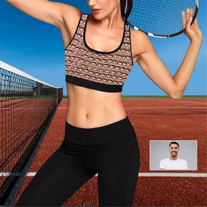 Custom Face Women&#39;s Yoga Sports Bra, Personalized Seamless Stretchy Fitness Activewear Top, Anniversary/Birthday/Independence Day Gift