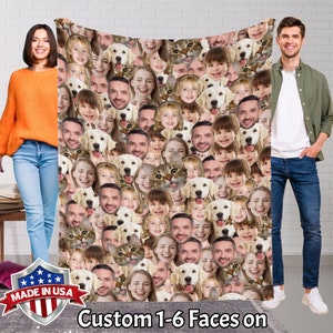 May include: A colourful fleece blanket with a pattern of many faces and animals. The blanket is made in the USA and features a custom option to add 1-6 faces. The text "Custom 1-6 Faces on" is printed at the bottom of the blanket.