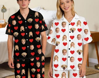 Personalized Face Heart Pajama Set, Custom Photo Sleepwear, Birthday Gift