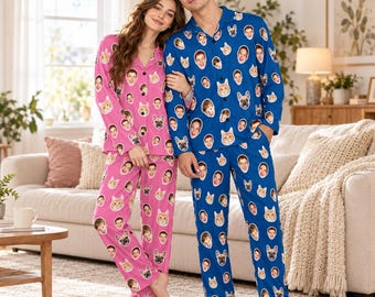 Custom Face Long Pajamas Sets, Personalized Photo Pajama Set, Matching Family PJs, Christmas Gifts