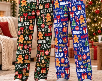 Custom Name Christmas Pajama Pants Made in US,Personalized Holiday Lounge Pants,Family Xmas Pajama Bottoms,Xmas Gift