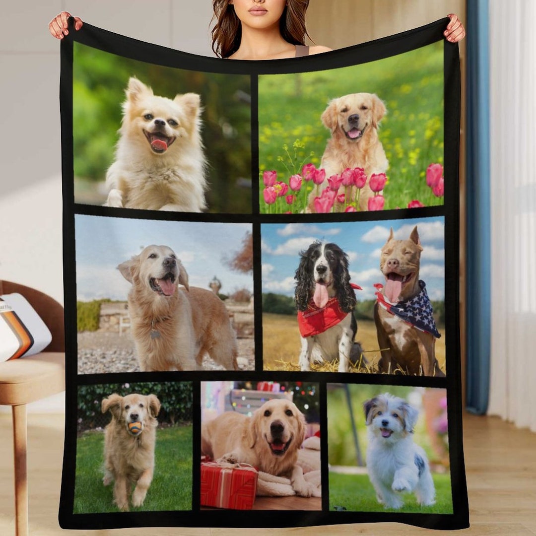 Custom Dog Photo Blanket Made in USA, Personalized Memorial Blanket With Pet Photos, Customized
