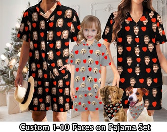 Pyjama de famille personnalisé avec photo, pyjama personnalisé avec photo d'animal de compagnie, pyjama avec têtes de chien, pyjama de fête, pyjama de Saint-Valentin pour lui et elle