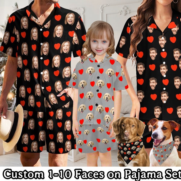 Pyjama de famille personnalisé avec photo, pyjama personnalisé avec photo d'animal de compagnie, pyjama avec têtes de chien, pyjama de fête, pyjama de Saint-Valentin pour lui et elle