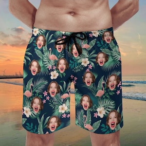 Personalized Photo Swimwear, Custom Flamingo Swim Shorts,Customize Photo Swim Trunks, Swimsuit for Men, Gift for Husband, Gift for Boyfriend