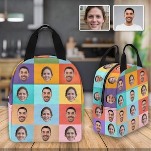 Sacs à lunch visage personnalisés pour les enfants ou les adultes, sac à lunch photo personnalisé avec poches, cadeau de boîte isolée de rentrée scolaire pour les enfants