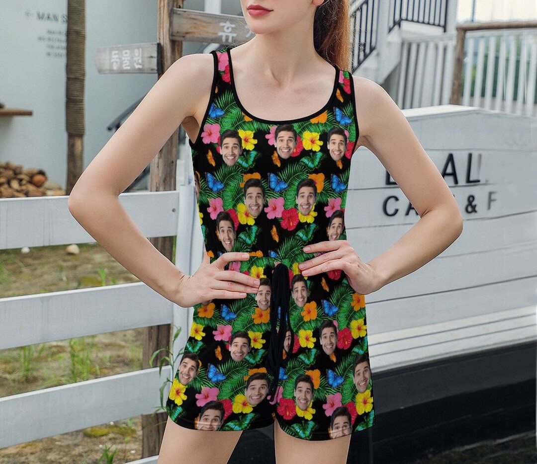 Custom Flowers Jumpsuit With Face, Personalized Photo Sleeveless Short