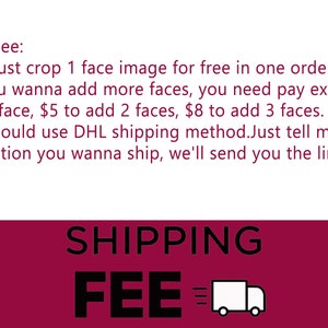 May include: A maroon background with the words "SHIPPING FEE" in large, bold, black letters. Below the text is a graphic of a delivery truck. Above the text is a list of extra fees.