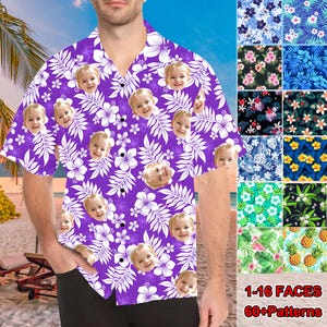May include: A short-sleeved button-down shirt in a vibrant purple color featuring a repeating white tropical floral and leaf pattern interspersed with a custom photo print of a child's face. The shirt has a classic collar and a front button closure.